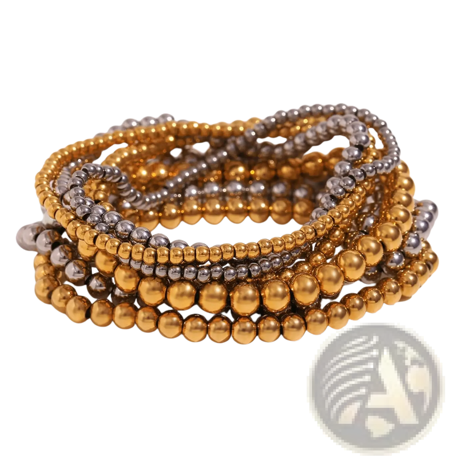 Stacked 18k gold plated stainless steel elastic bead bracelets in gold and silver with a glossy metallic finish