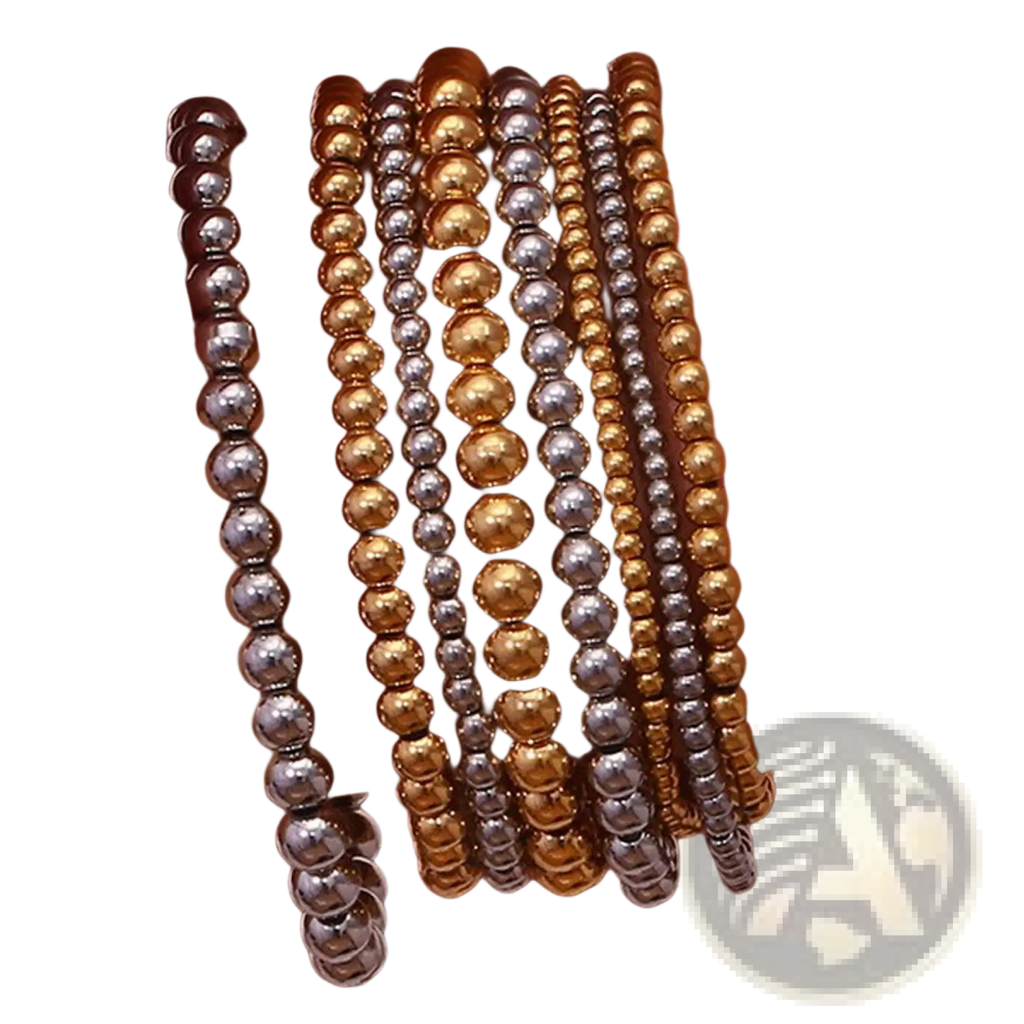 A collection of 18k gold plated stainless steel elastic bead bracelets with alternating gold and silver polished beads