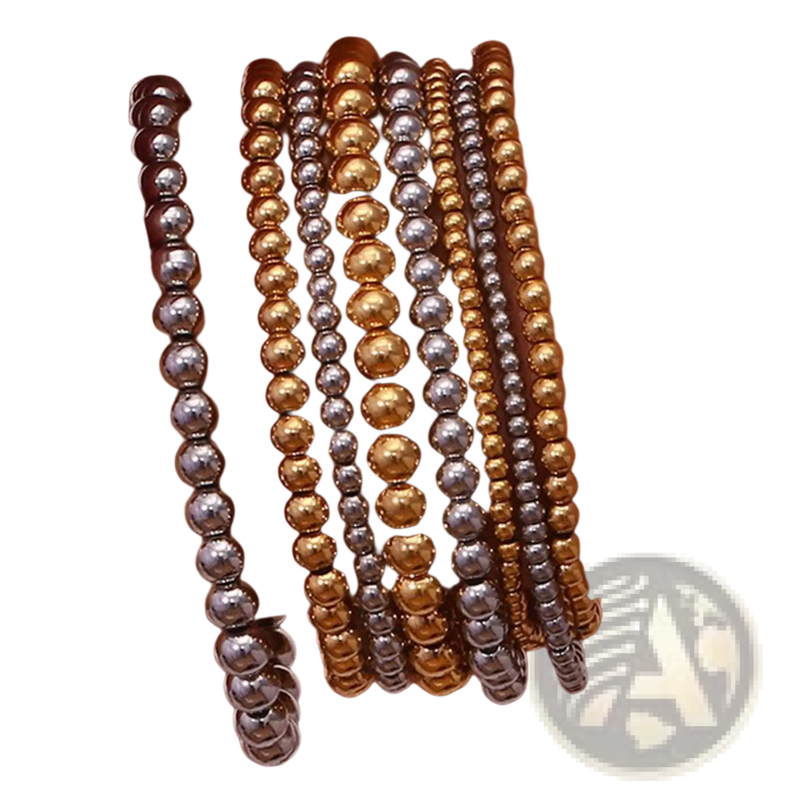 A collection of 18k gold plated stainless steel elastic bead bracelets with alternating gold and silver polished beads