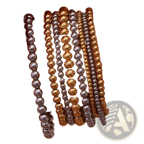 A collection of 18k gold plated stainless steel elastic bead bracelets with alternating gold and silver polished beads