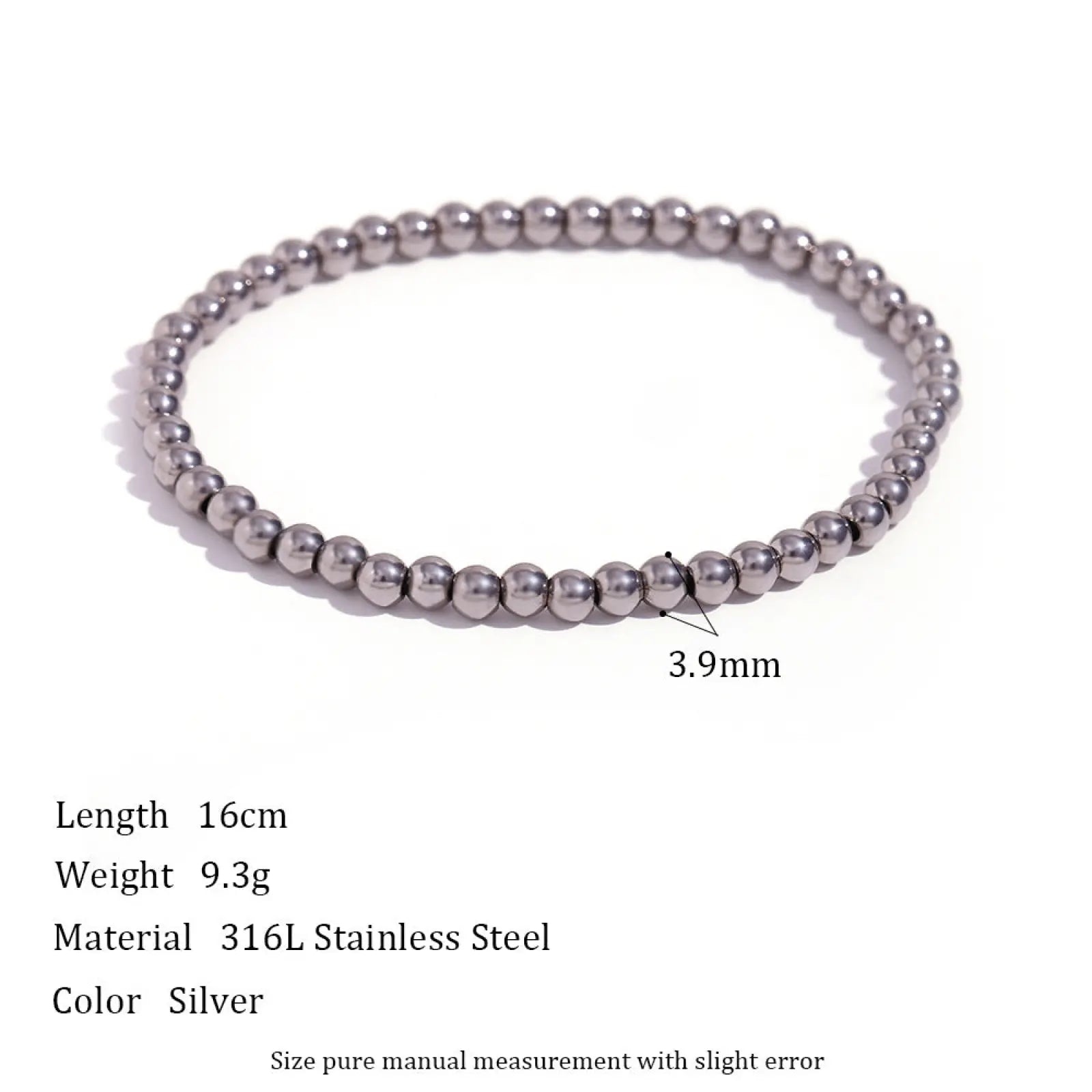 Silver beaded bracelet made of 316l stainless steel with uniformly sized spherical beads in 18k gold plated elastic design