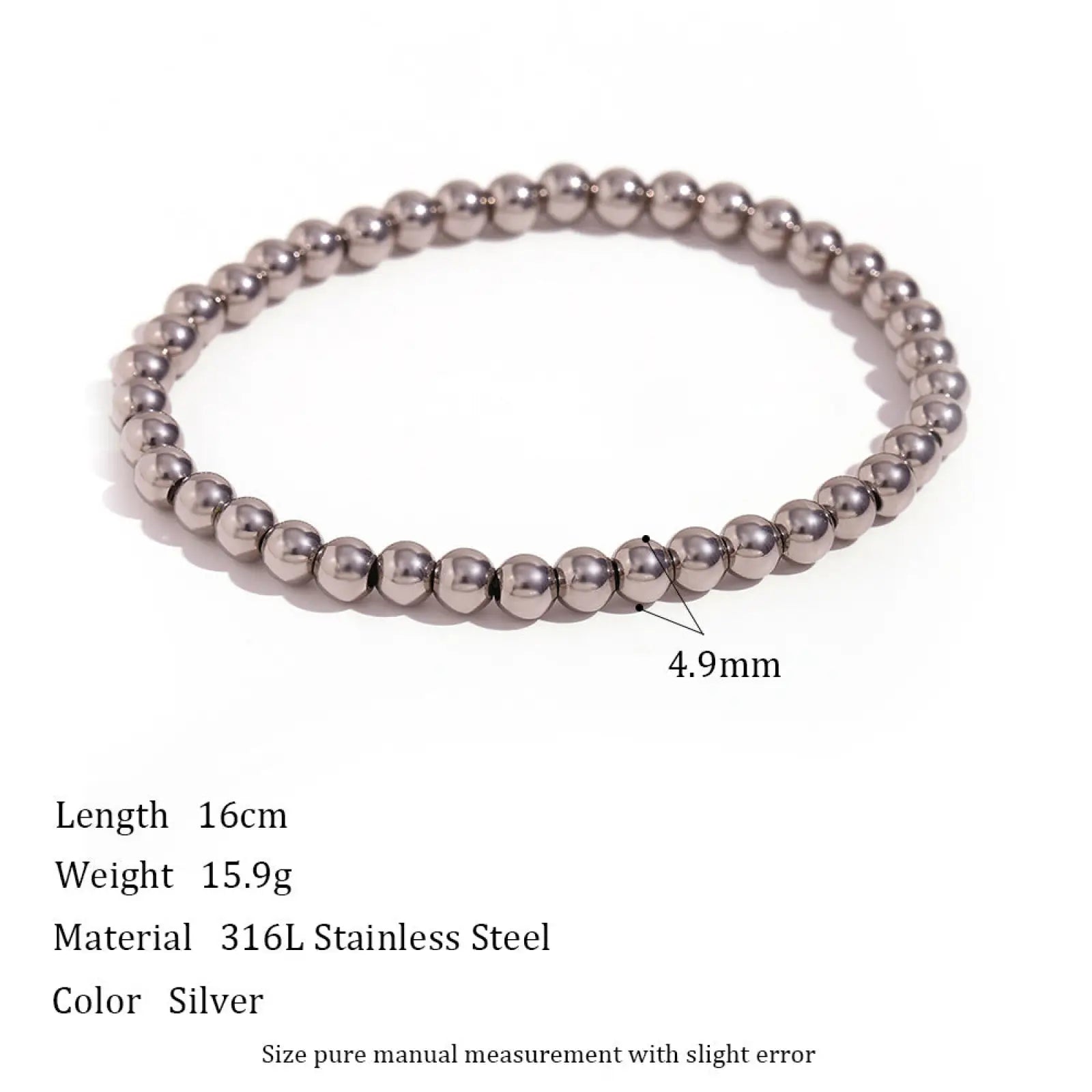 Silver 16cm stretch bracelet made of 316l stainless steel with uniform spherical beads in 18k gold plated stainless steel elastic design