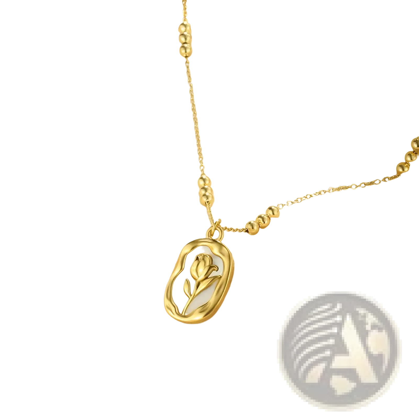 18k gold plated stainless steel necklace with gold toned oval tulip shell pendant and gold bead accents on chain