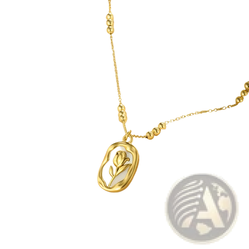18k gold plated stainless steel necklace with gold toned oval tulip shell pendant and gold bead accents on chain