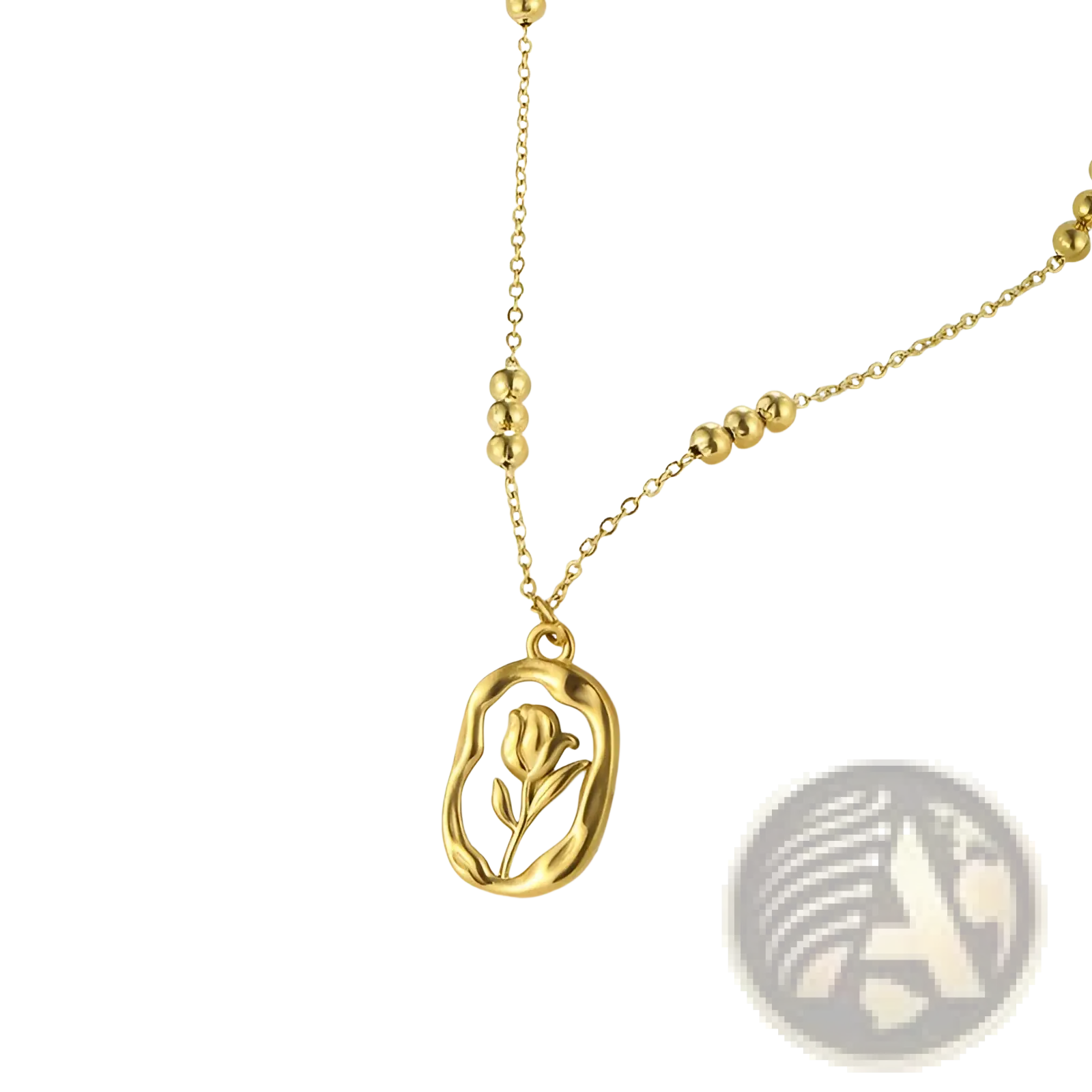 18k gold plated stainless steel necklace with an oval tulip shell pendant and small spherical bead accents