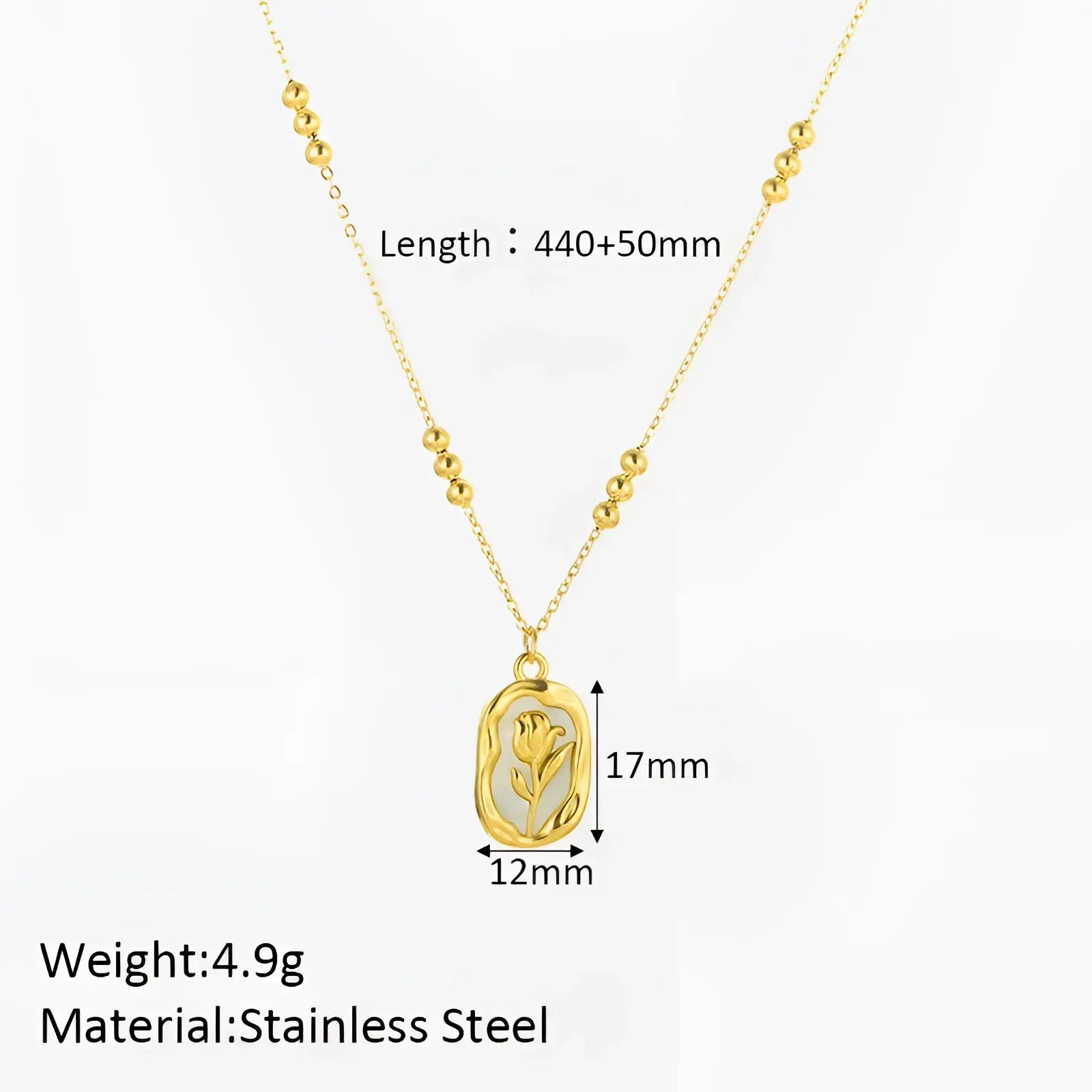 18k gold plated stainless steel necklace with oval tulip shell pendant and beaded chain in gold tone