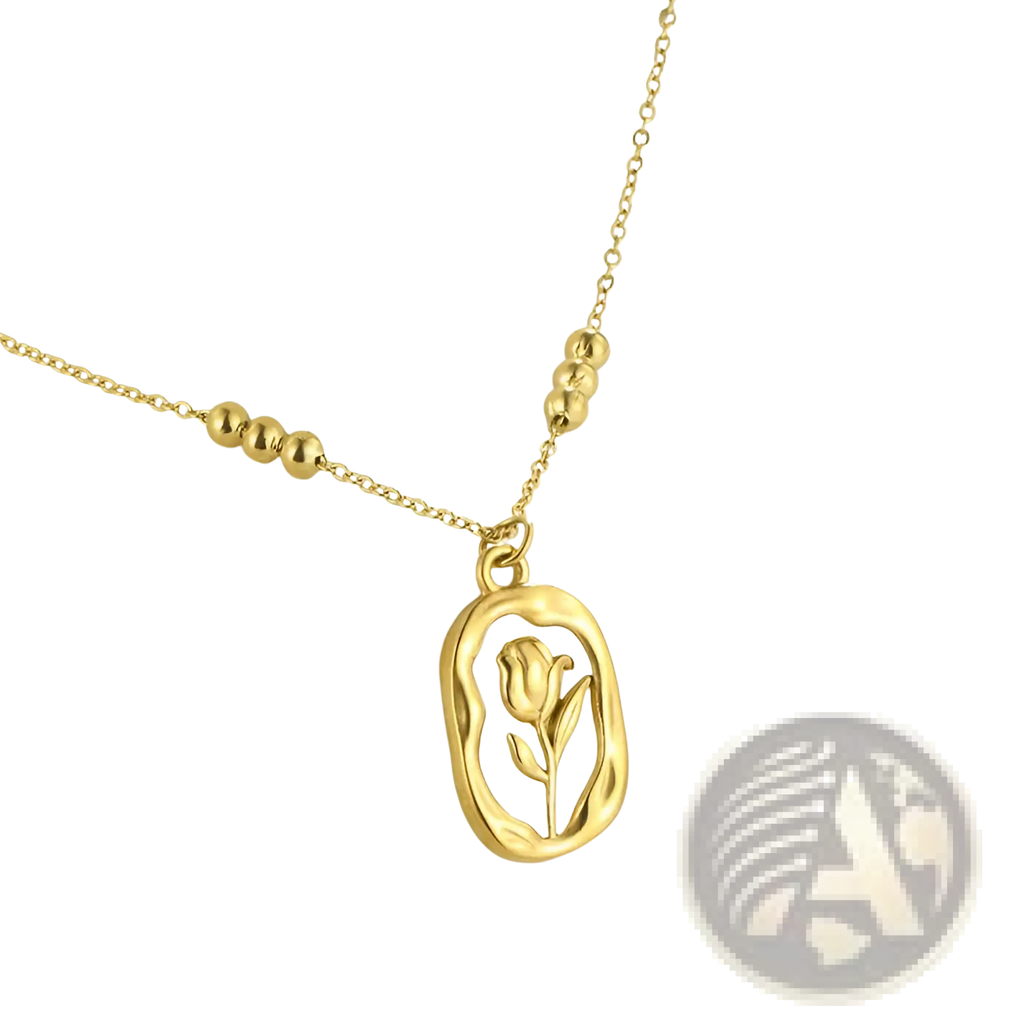 18k gold plated stainless steel necklace with gold-toned oval tulip shell pendant and small spherical beads on chain