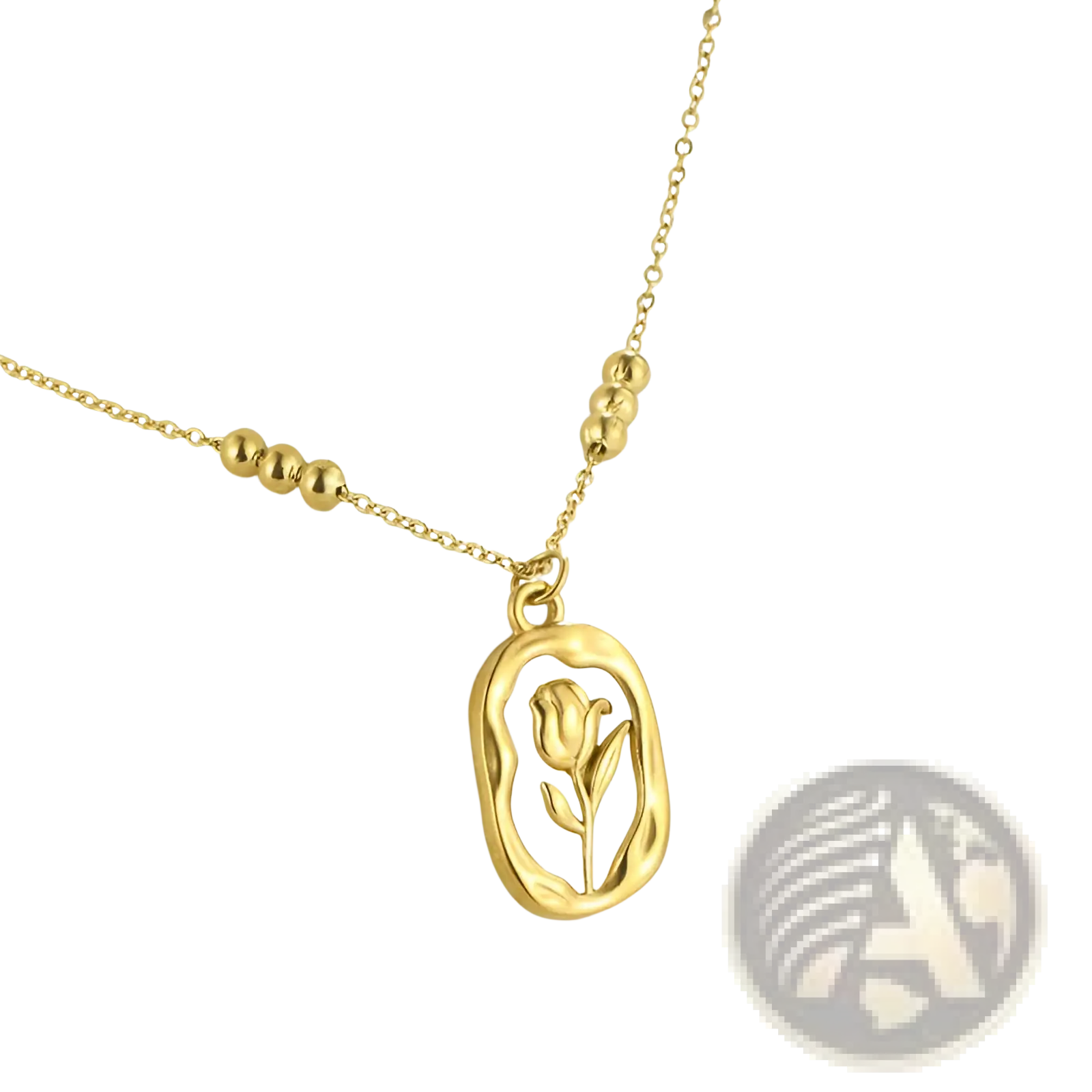 18k gold plated stainless steel necklace with gold-toned oval tulip shell pendant and small spherical beads on chain