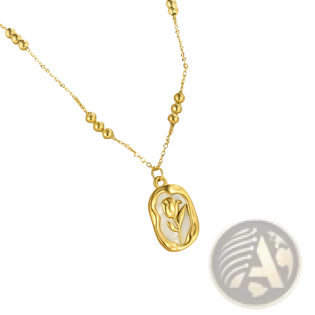 18k gold plated stainless steel necklace with delicate chain and oval tulip carved pendant on white shell inlay