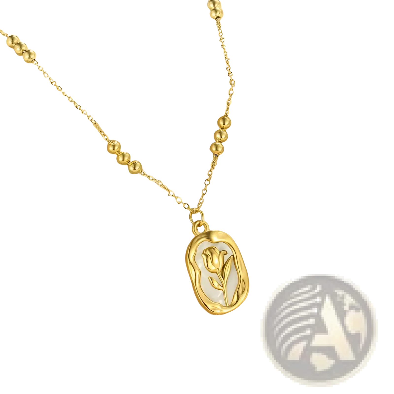 18k gold plated stainless steel necklace with delicate chain and oval tulip carved pendant on white shell inlay