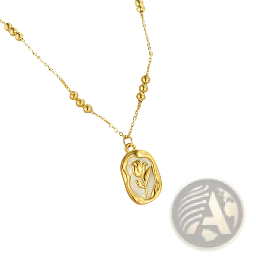18k gold plated stainless steel necklace with a delicate chain and oval tulip carved shell pendant on white inlay