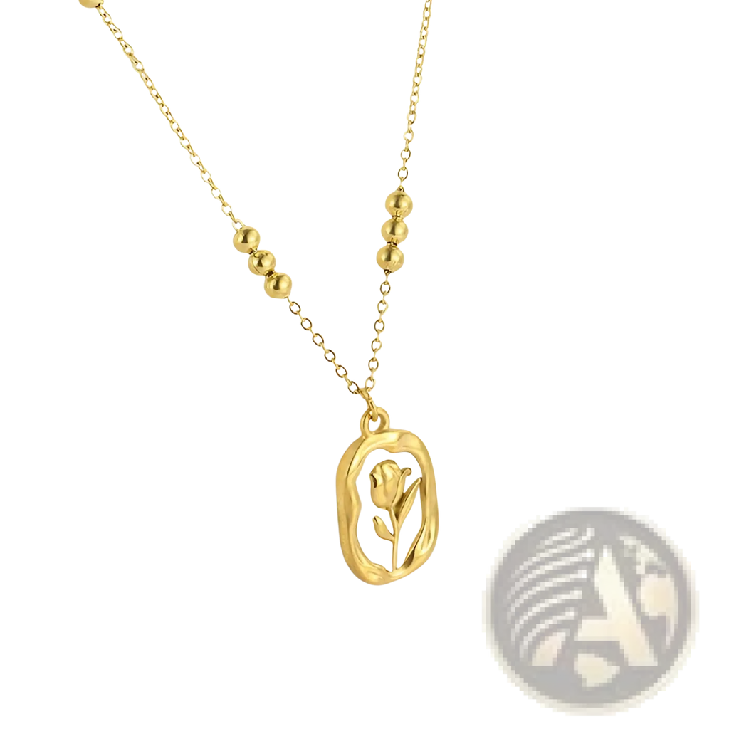 18k gold plated stainless steel necklace with delicate tulip shell pendant in oval frame and beaded chain accents