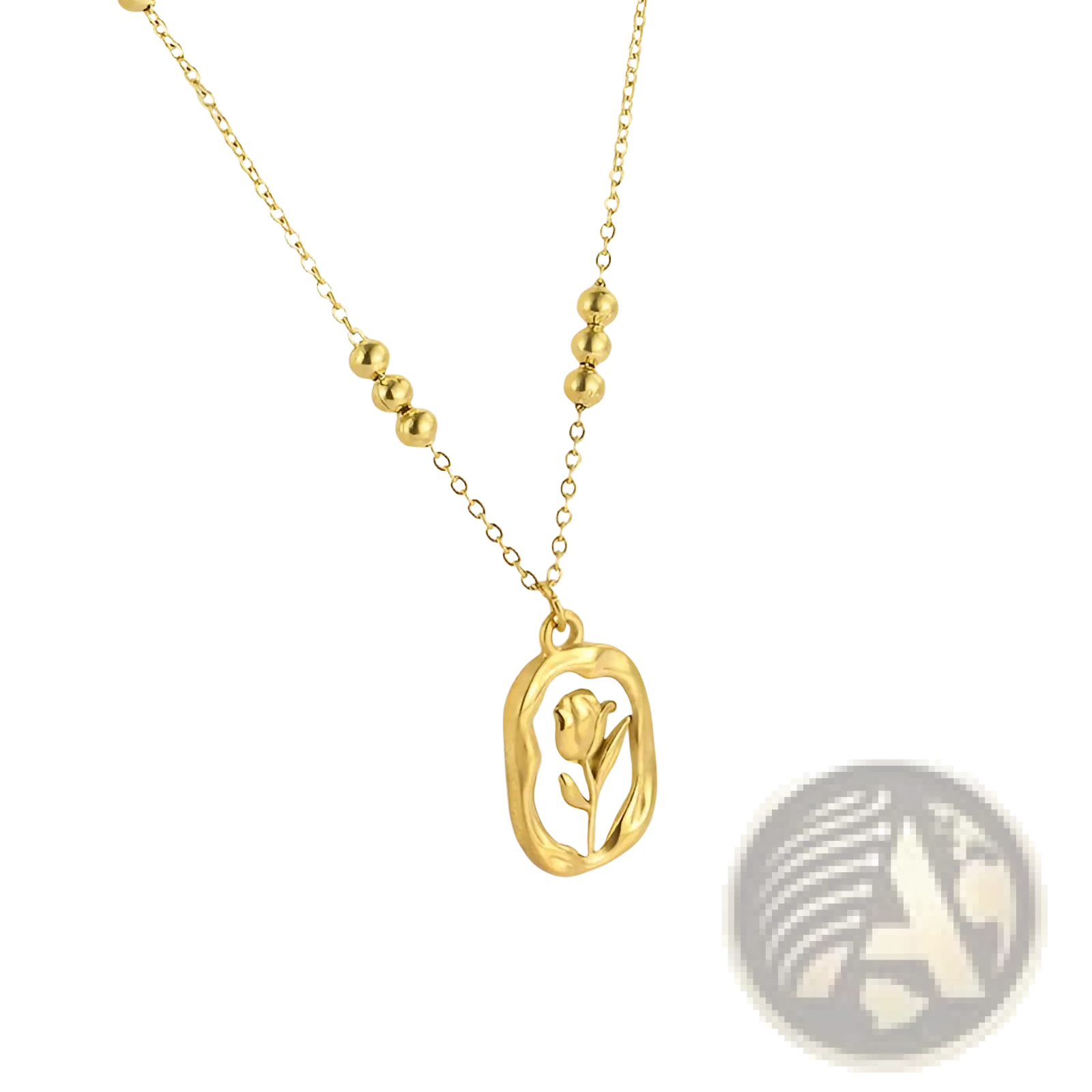 18k gold plated stainless steel necklace with delicate tulip shell pendant in oval frame and beaded chain accents