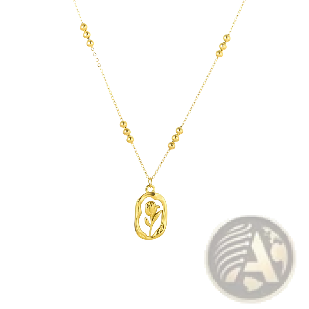 18k gold plated stainless steel necklace with a gold-toned oval tulip pendant and small spherical beads along the chain