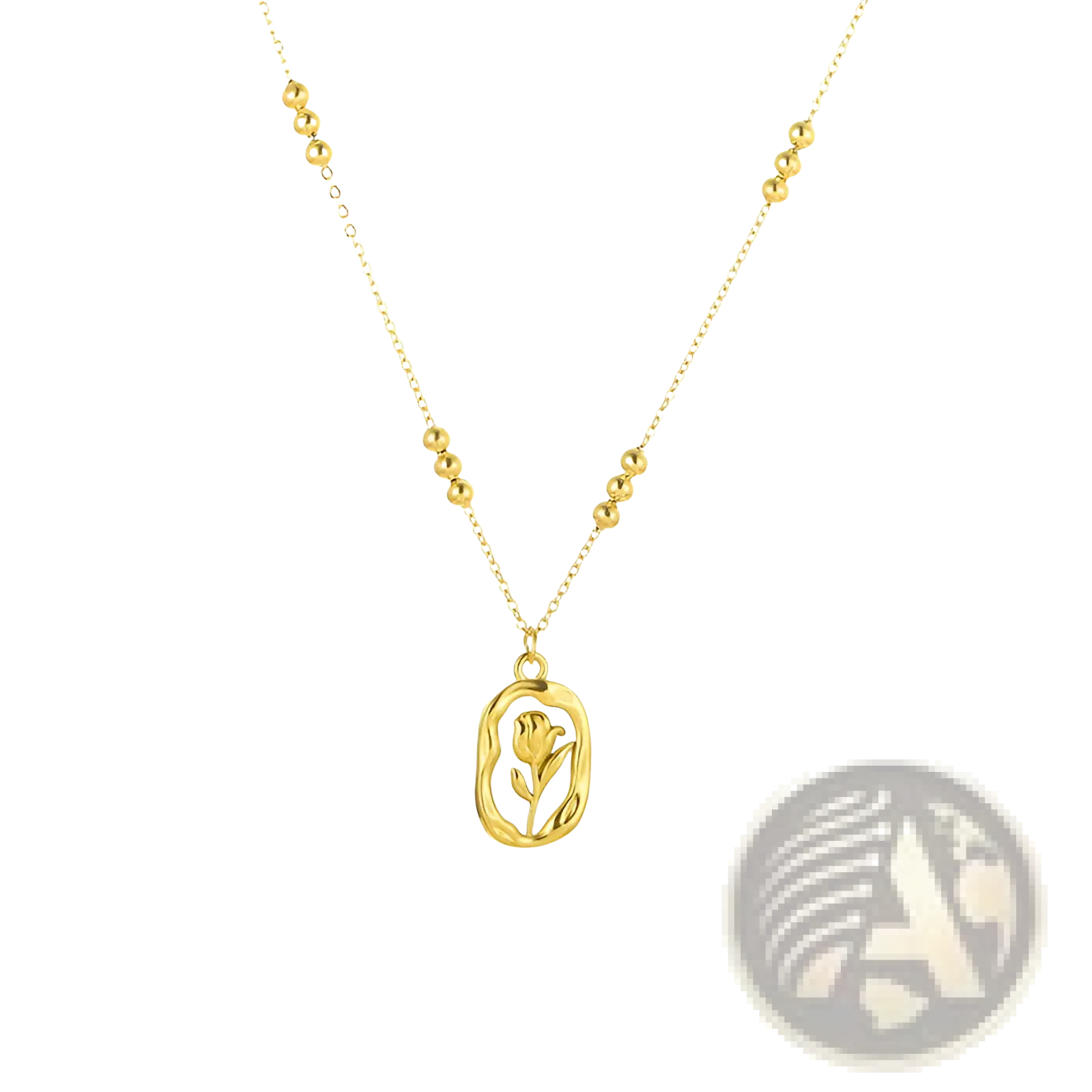 18k gold plated stainless steel necklace with a gold-toned oval tulip pendant and small spherical beads along the chain