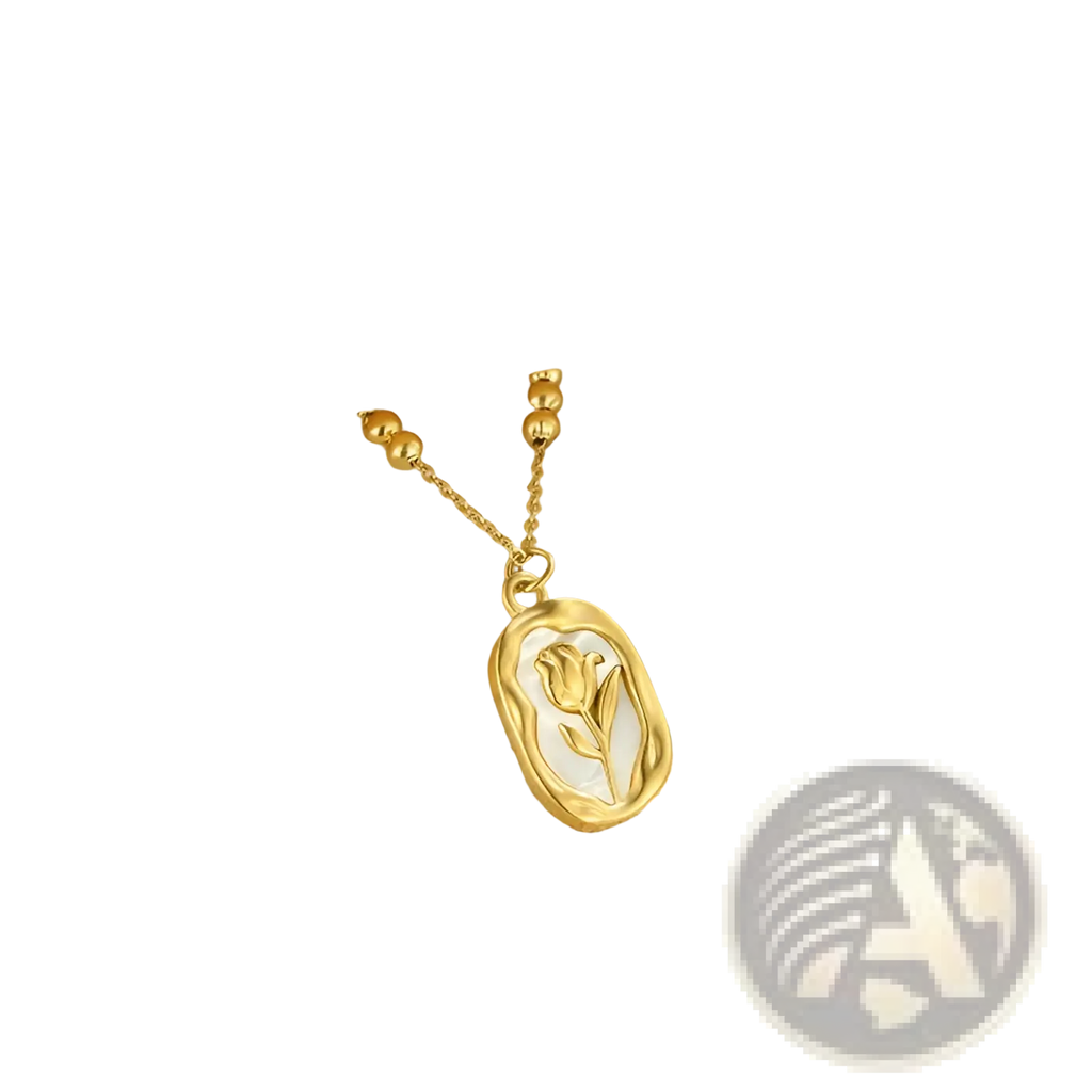 18k gold plated stainless steel necklace with oval pendant featuring delicate tulip design on white inlay