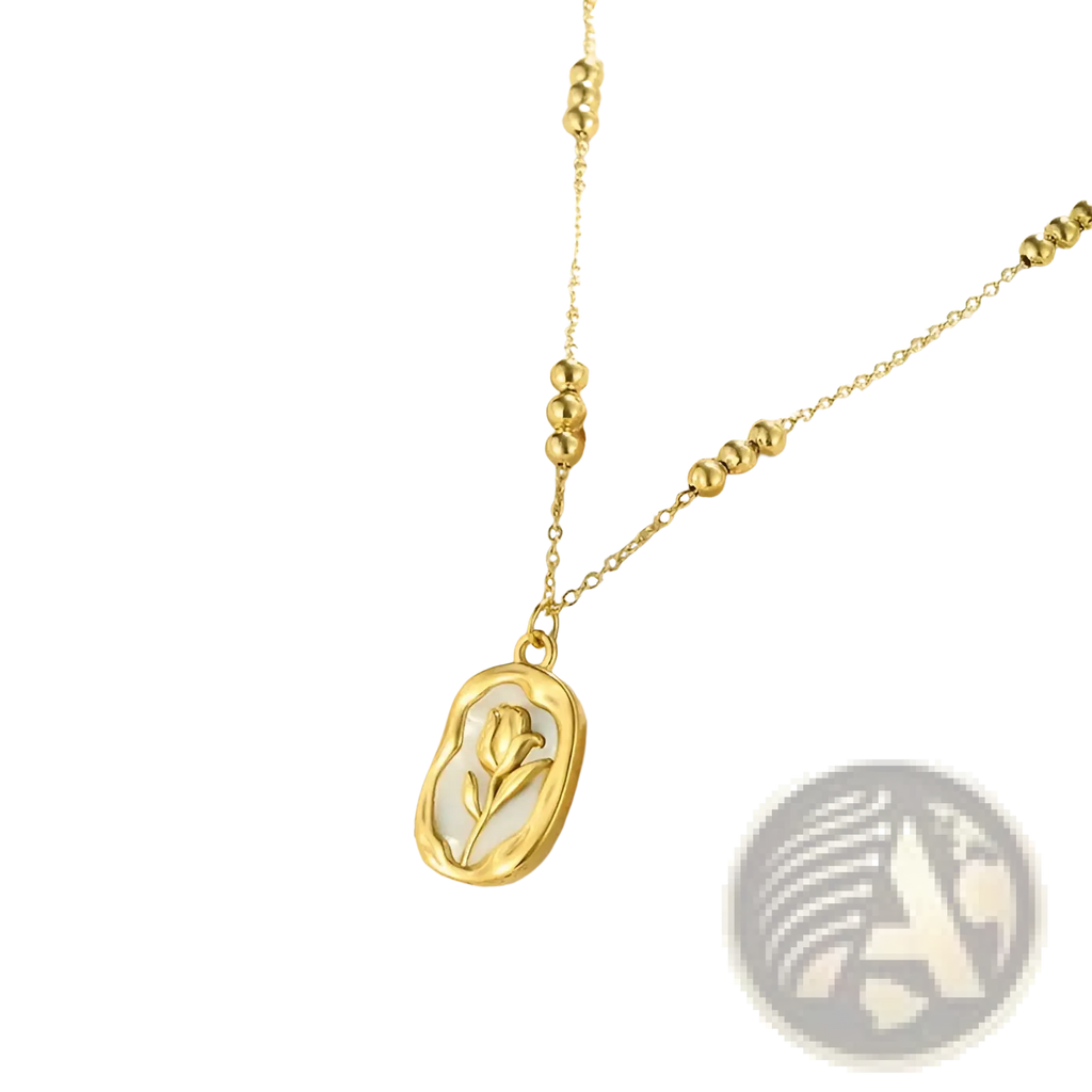 18k gold plated stainless steel necklace with an oval pendant featuring a delicate tulip design on a stone background