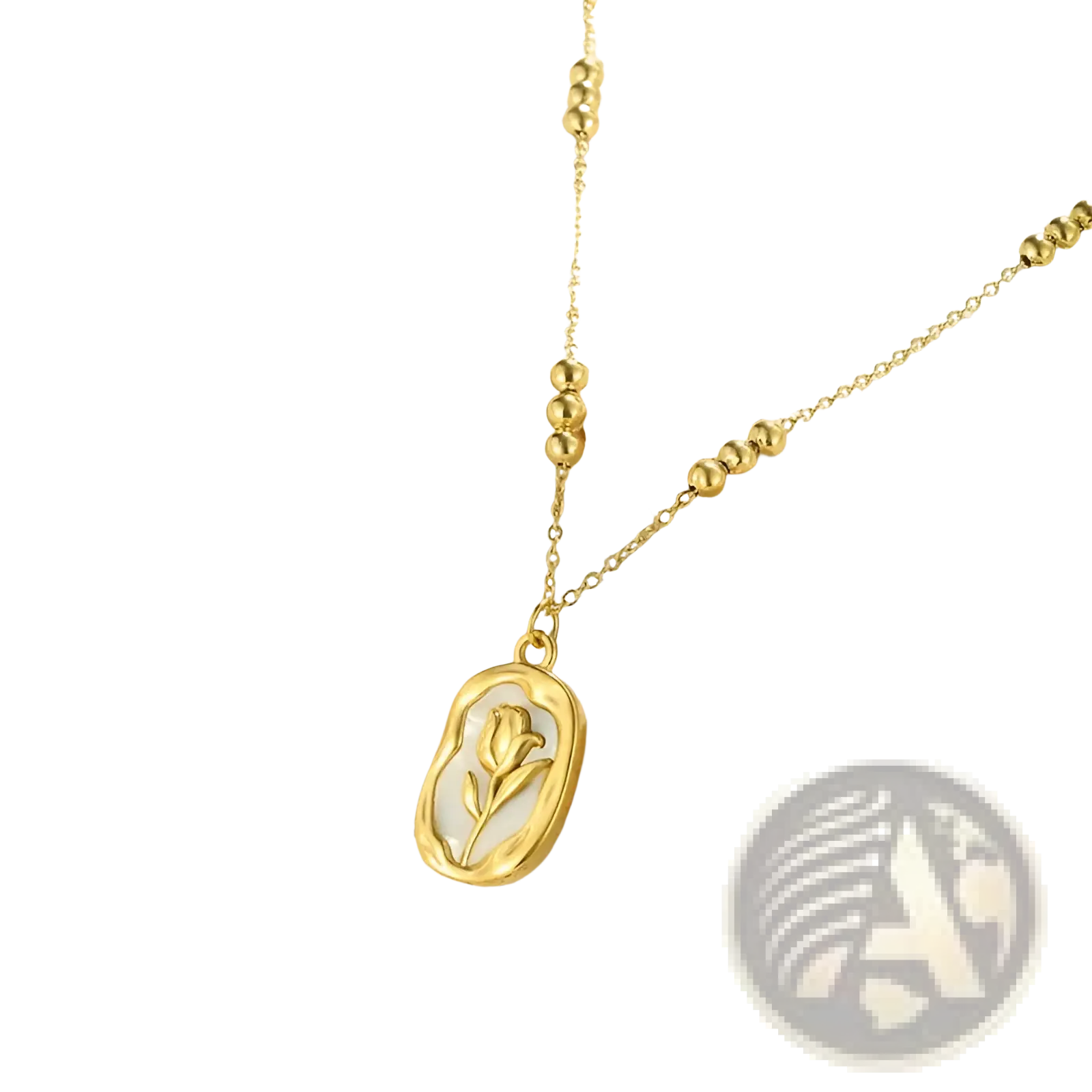 18k gold plated stainless steel necklace with an oval pendant featuring a delicate tulip design on a stone background