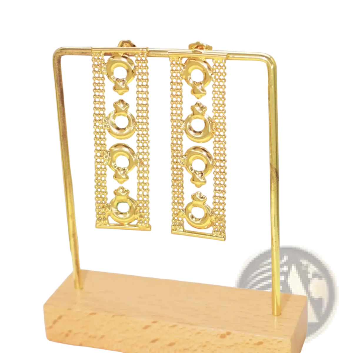18k gold plated women jewelry set with golden dangling earrings featuring vertical cascade of circular motifs and beads