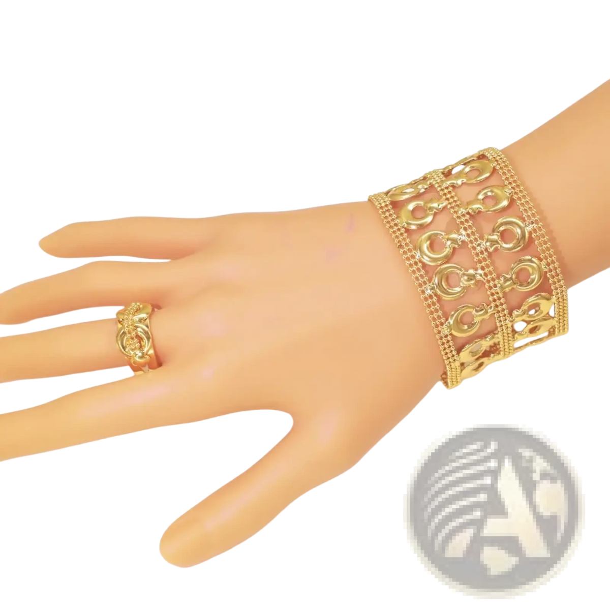 18k gold plated women jewelry set featuring a gold-toned multi-layered wide bracelet with interlocking circular links