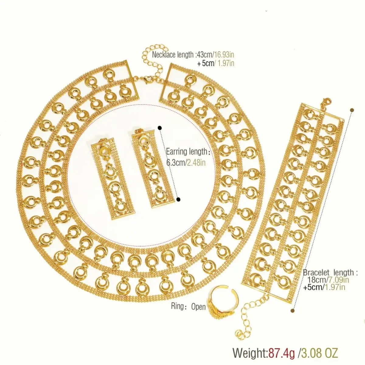 18k gold plated women jewelry set featuring a gold-toned statement wide bracelet and layered necklace with circular motifs