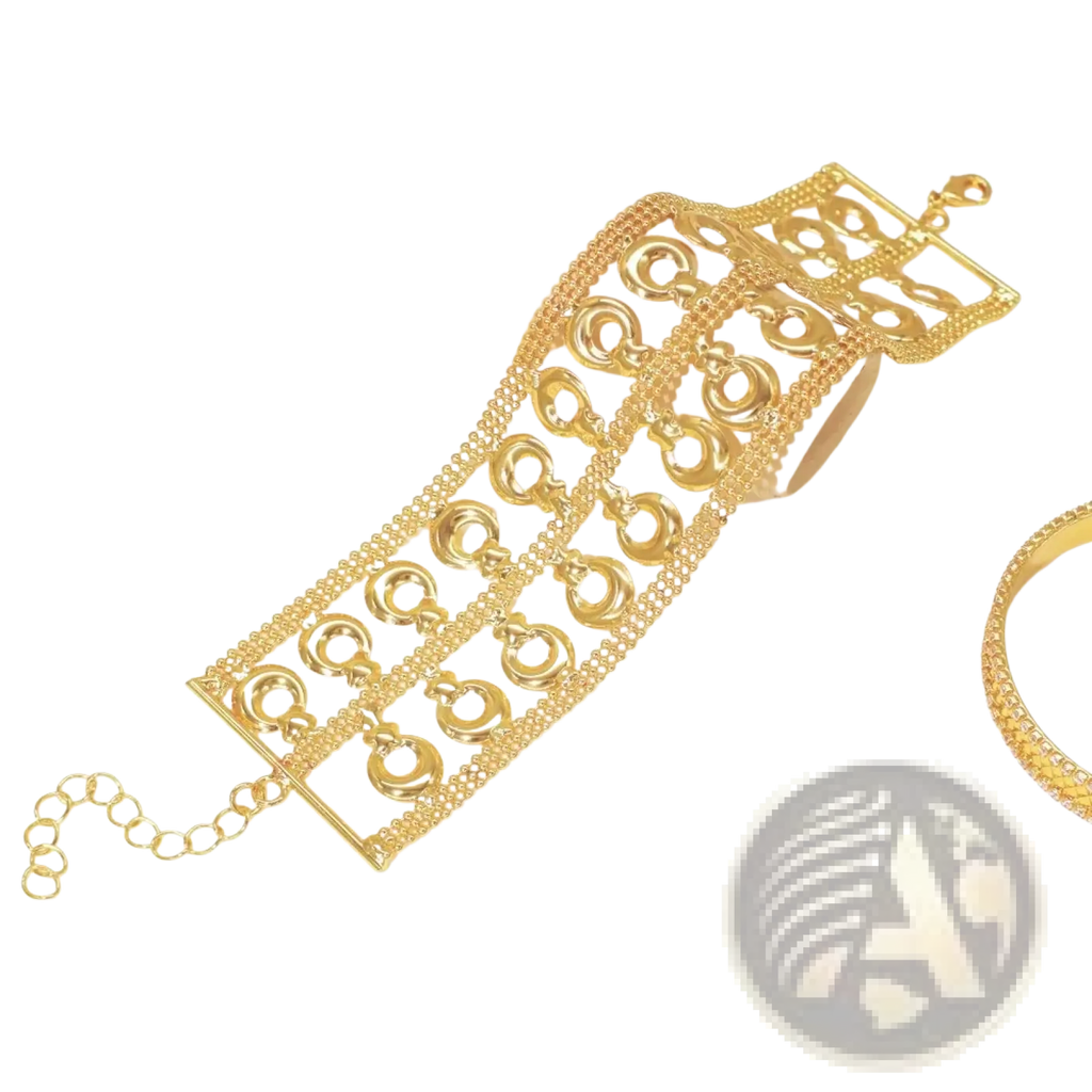 18k gold plated women statement wide bracelet featuring intricate openwork design with circular motifs and chain details