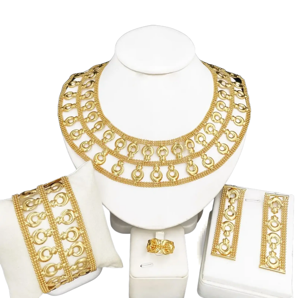 18k gold plated women jewelry set with gold-colored multi-layered necklace featuring interlocking ring motifs and beads