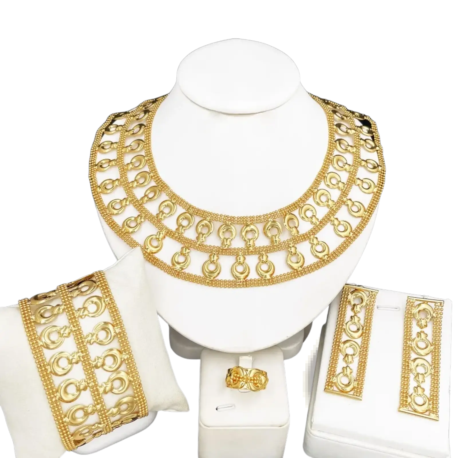 18k gold plated women jewelry set with gold-colored multi-layered necklace featuring interlocking ring motifs and beads