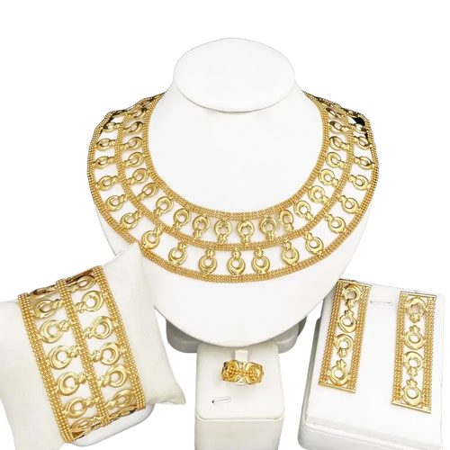 18k gold plated women jewelry set with gold-colored multi-layered necklace featuring interlocking ring motifs and beads