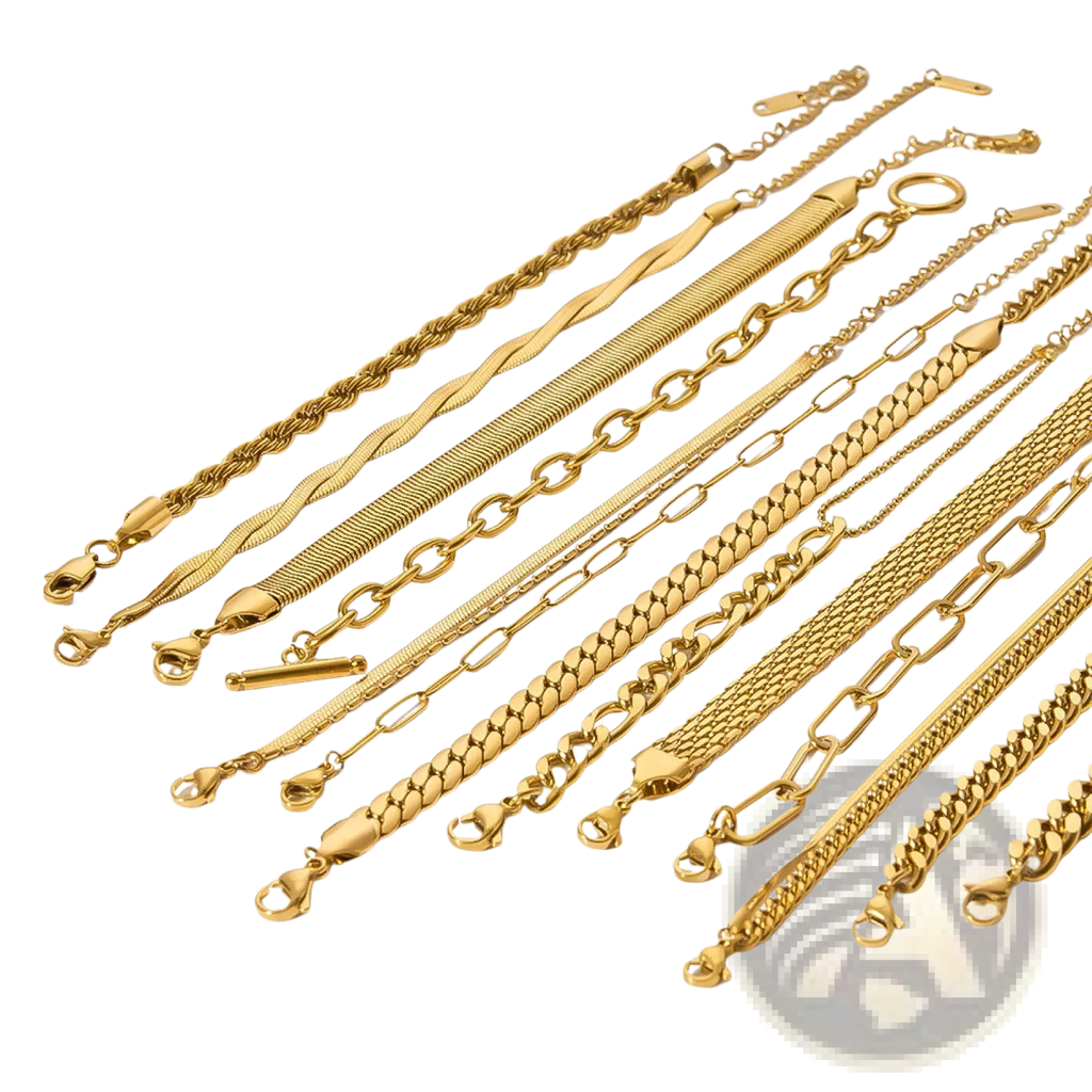 A collection of 18k gold PVD plated stainless steel chain link bracelets in twisted snake and curb styles