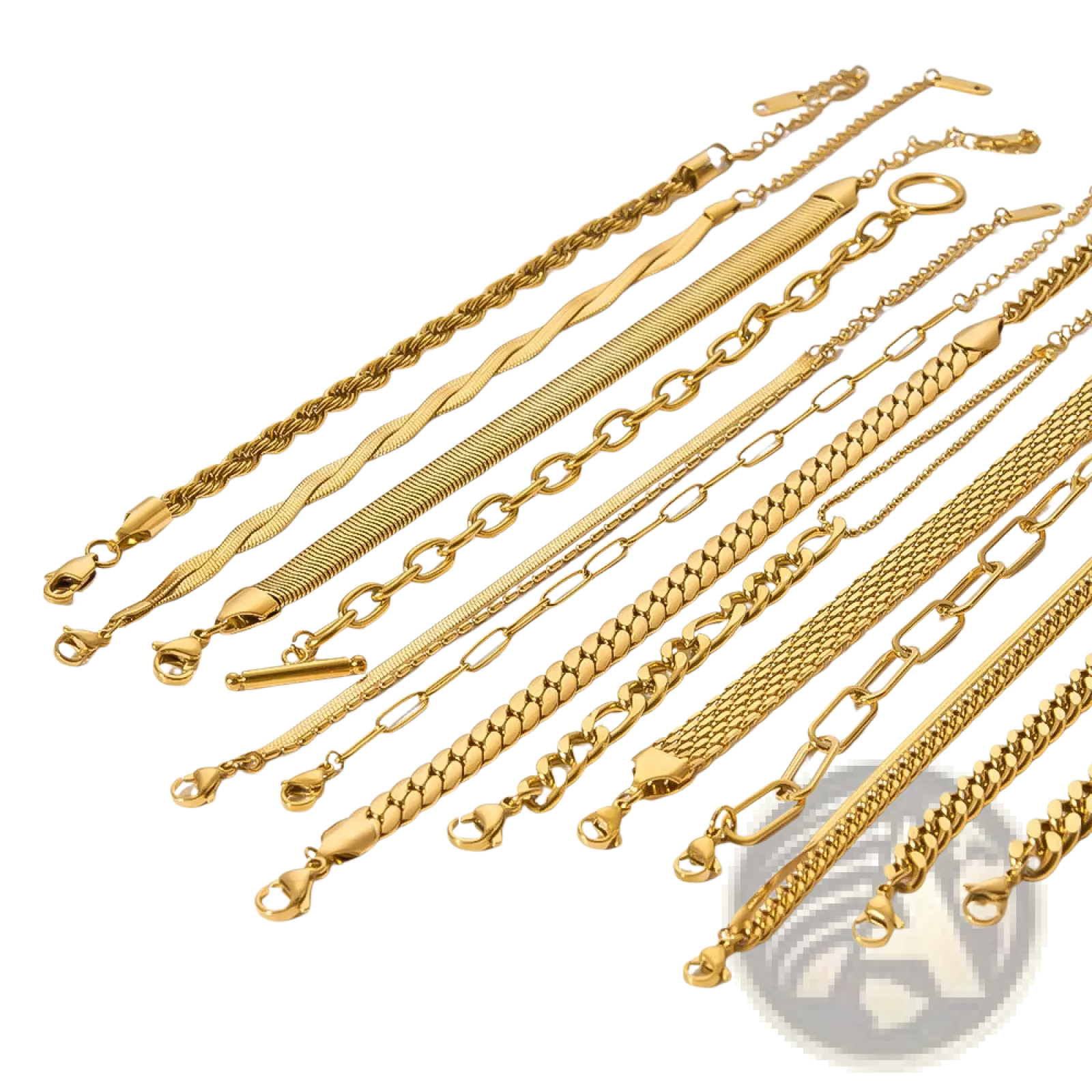 A collection of 18k gold PVD plated stainless steel chain link bracelets in twisted snake and curb styles
