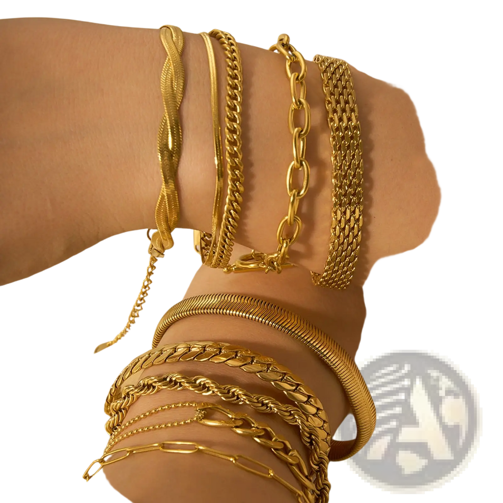 A collection of 18k gold PVD plated stainless steel chain link bracelets in various gold-toned metal styles