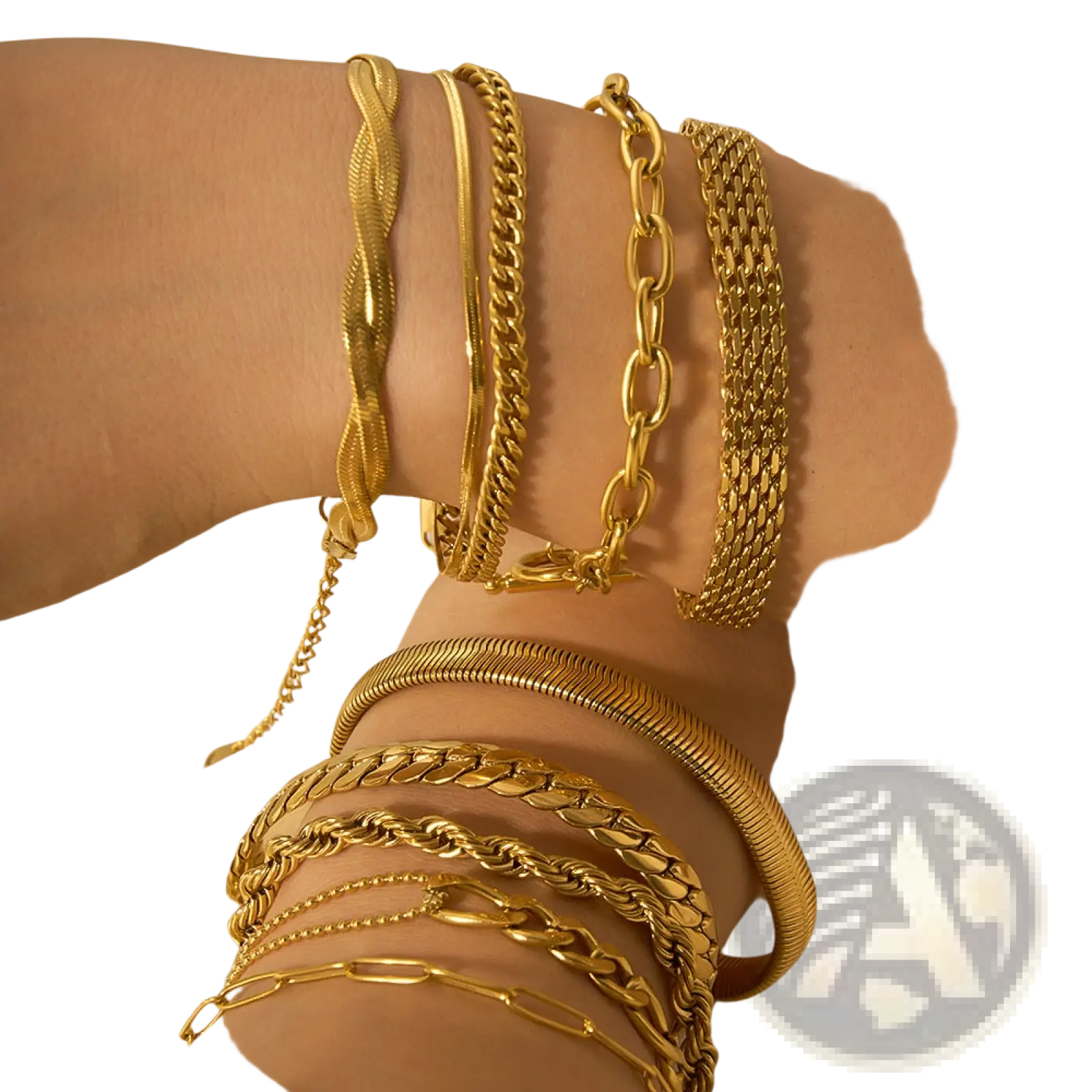 A collection of 18k gold PVD plated stainless steel chain link bracelets in various gold-toned metal styles