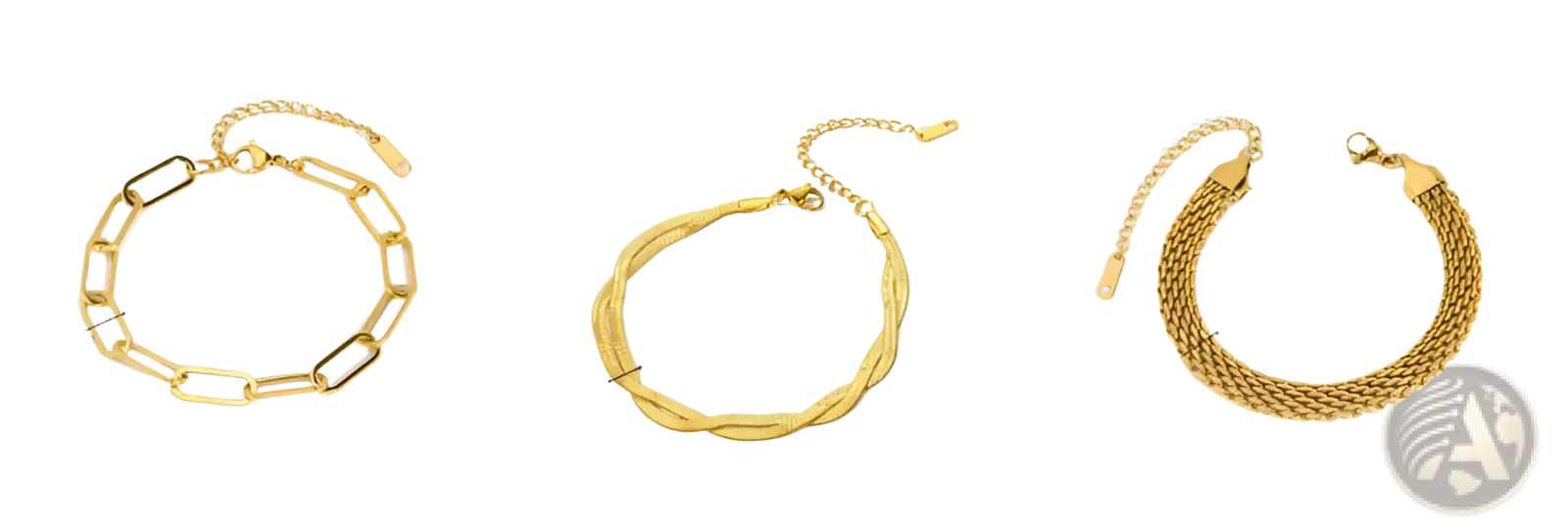 18k gold pvd plated stainless steel chain link bracelets in gold tone with varying link designs and weights