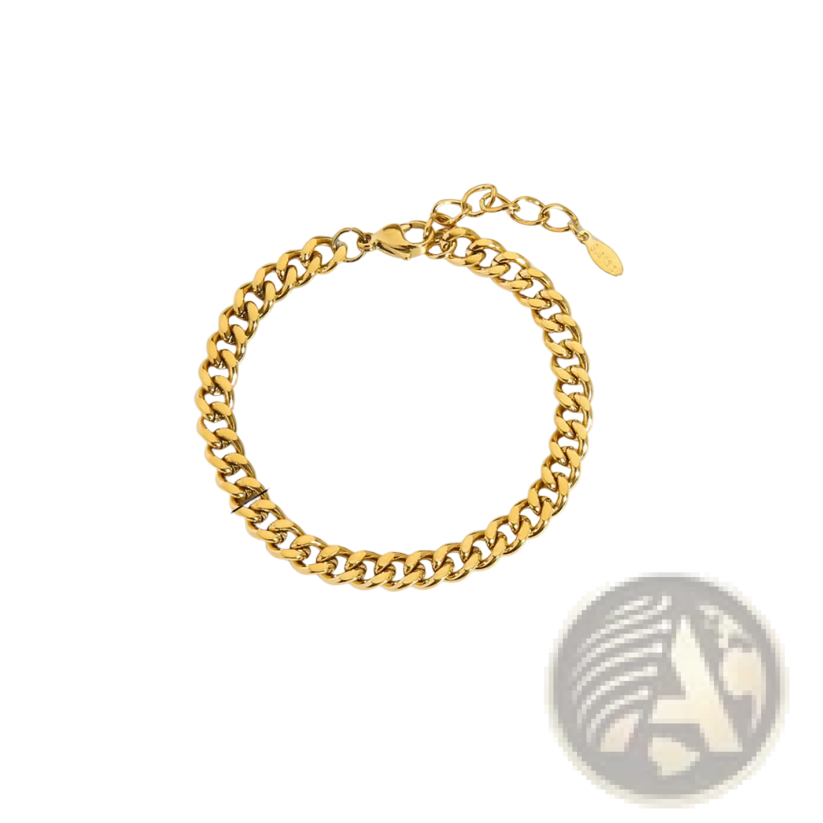 18k gold pvd plated stainless steel curb chain bracelet with secure clasp and adjustable extension in gold tone