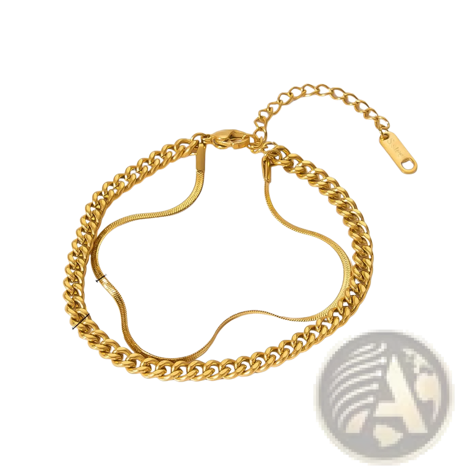 18k gold pvd plated stainless steel anklet with a bold chunky curb chain and sleek snake chain intertwined