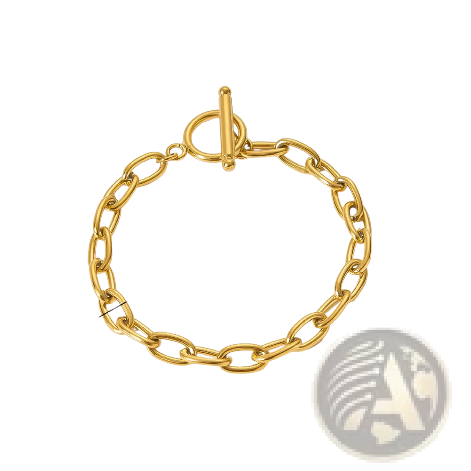18k gold pvd plated stainless steel chain link bracelet with gold toned oval links and toggle clasp
