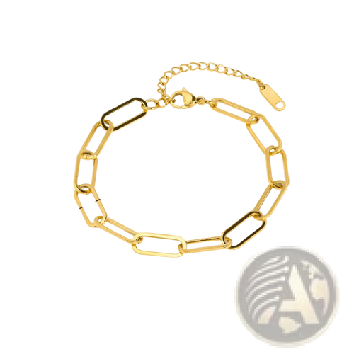18k gold pvd plated stainless steel chain link bracelet with gold-toned paperclip-style links and adjustable clasp