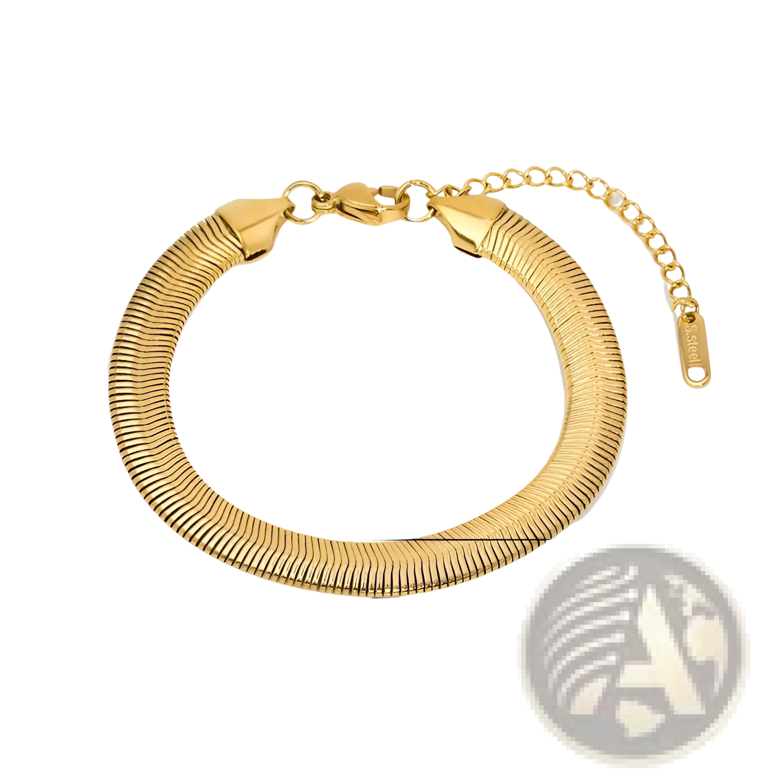 18k gold pvd plated stainless steel snake chain link bracelet with sleek textured design and adjustable extension chain