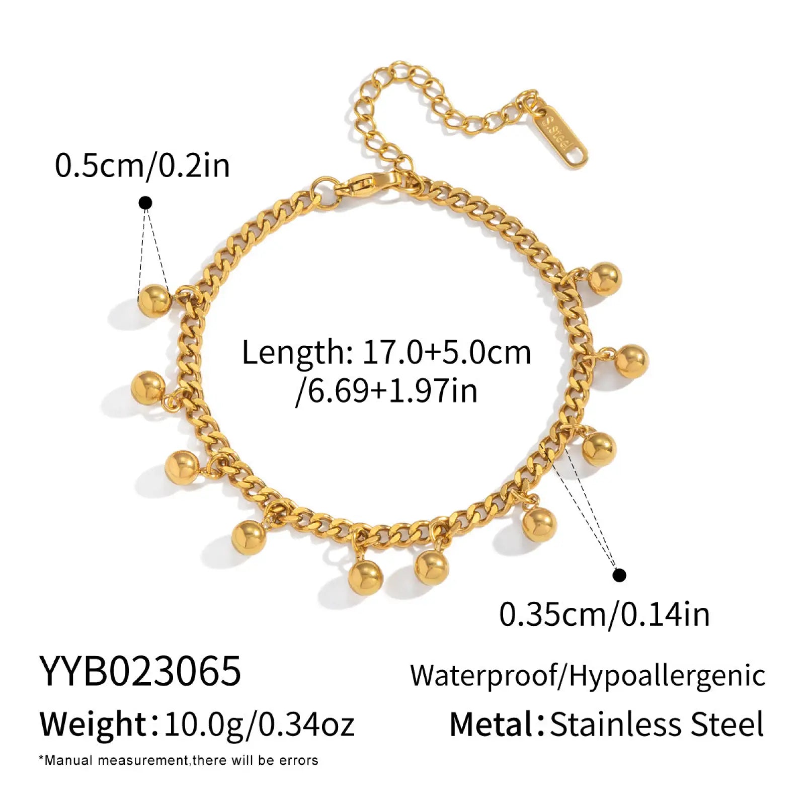 18k gold pvd plated stainless steel anklet with chunky chain links and dangling spherical beads in gold tone