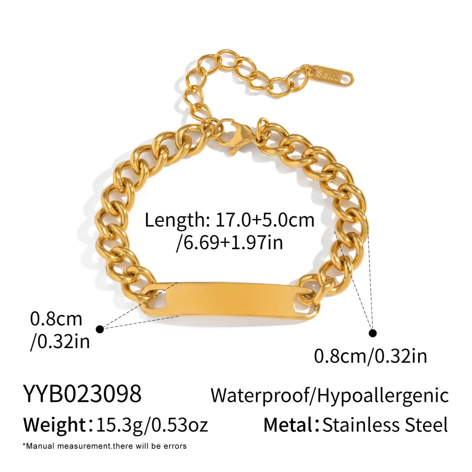 18k gold pvd plated stainless steel chain link bracelet with a gold-toned rectangular nameplate detail