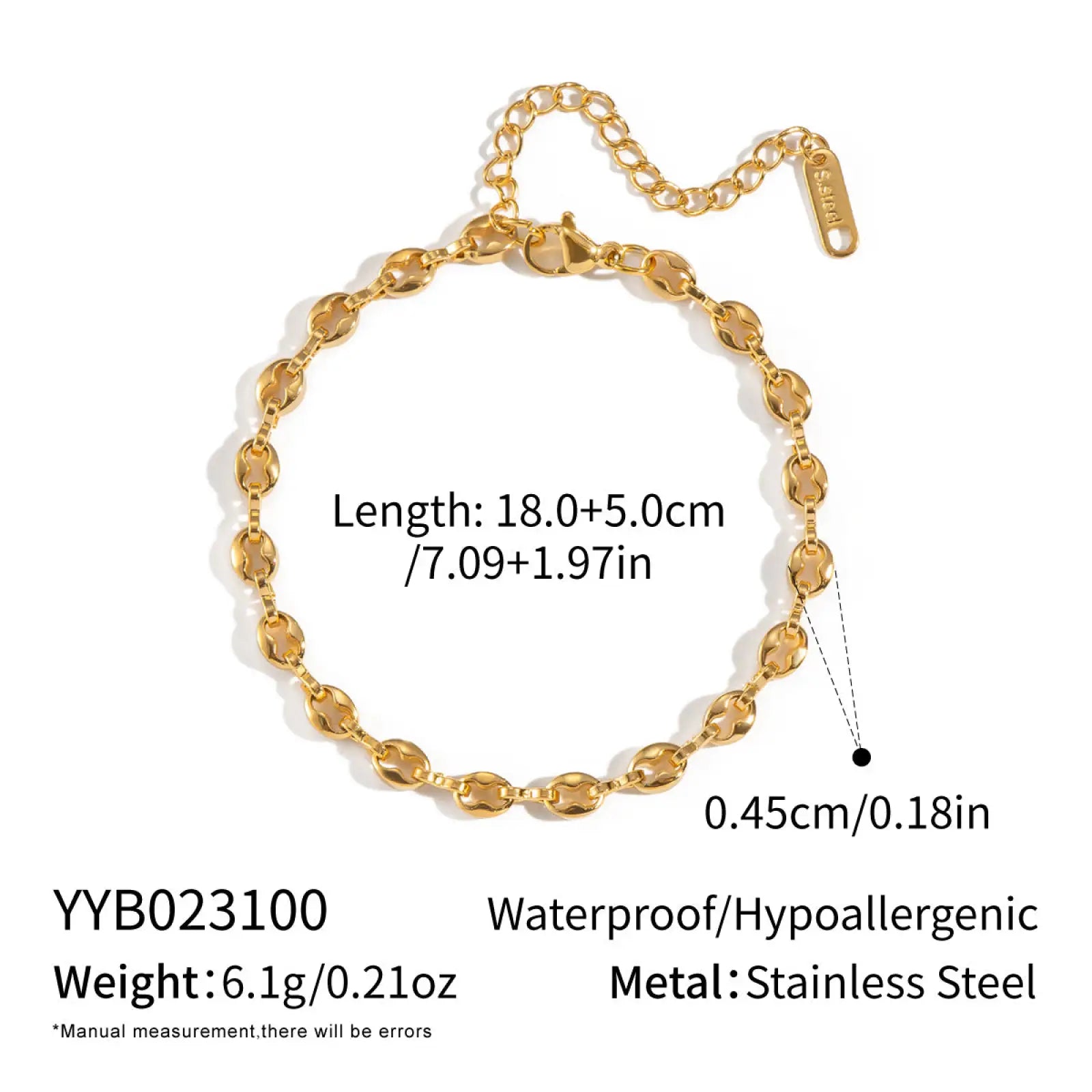 18k gold pvd plated stainless steel chain link bracelet with gold-toned oval links and lobster clasp closure