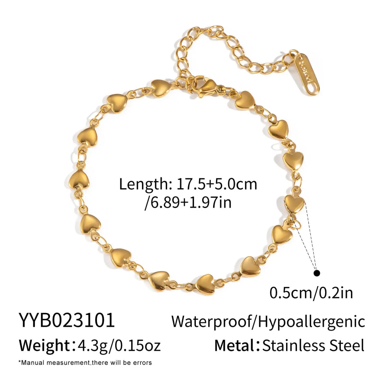 18k gold pvd plated stainless steel anklet with delicate chain and heart shaped links featuring clasp tag