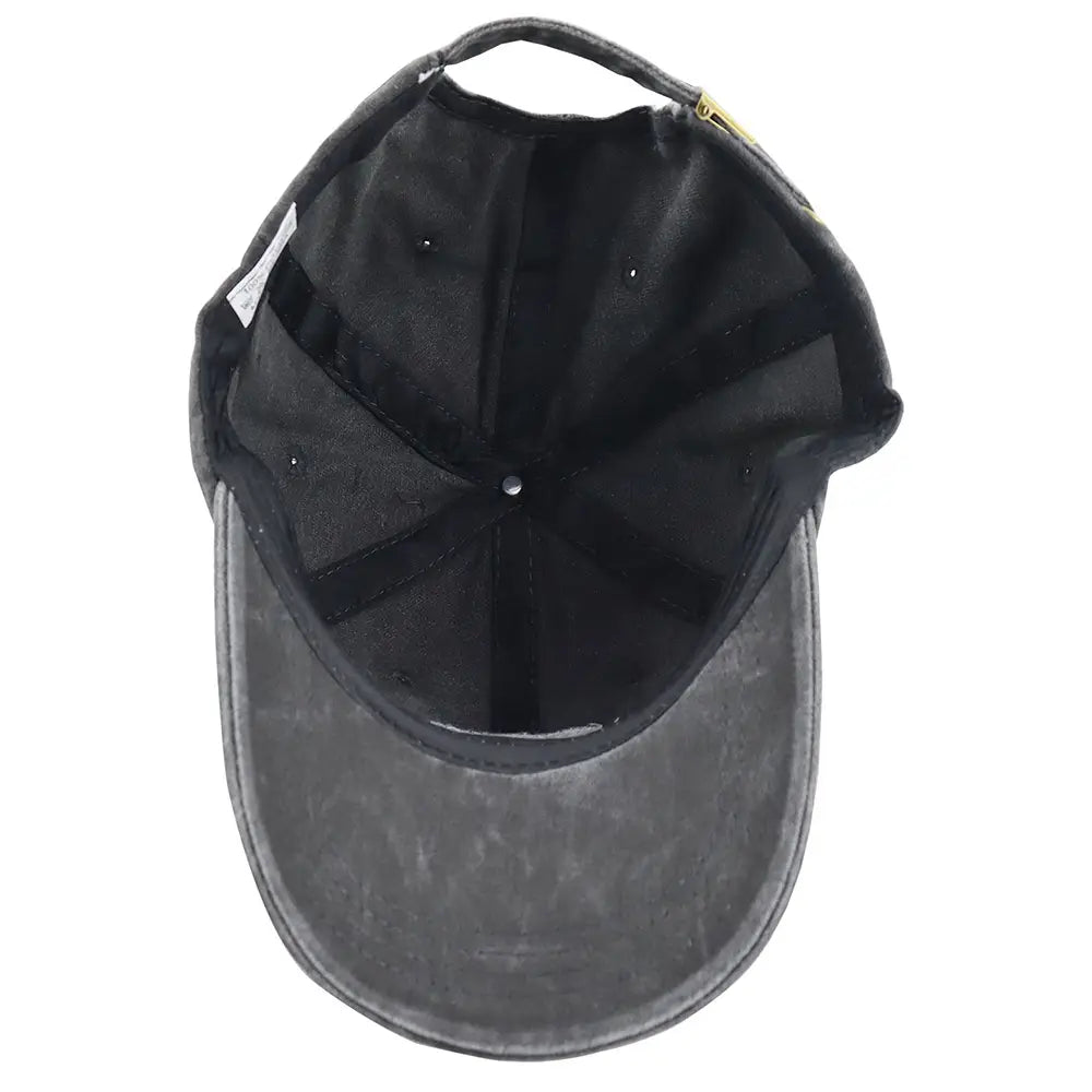 Black distressed denim baseball cap with curved brim and adjustable strap featuring Vietnam veteran embroidered design.