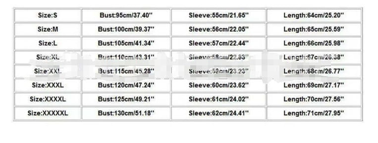 Size chart for a plush lapel cotton coat for women showing measurements in inches and centimeters from size s to xxxxl.