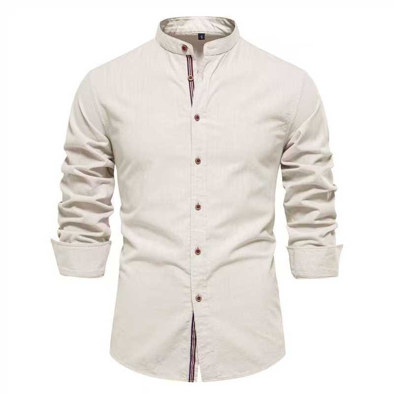 A cream-colored men’s slim fit linen blend shirt with long sleeves, a mandarin collar, and subtle striped trim along the placket.