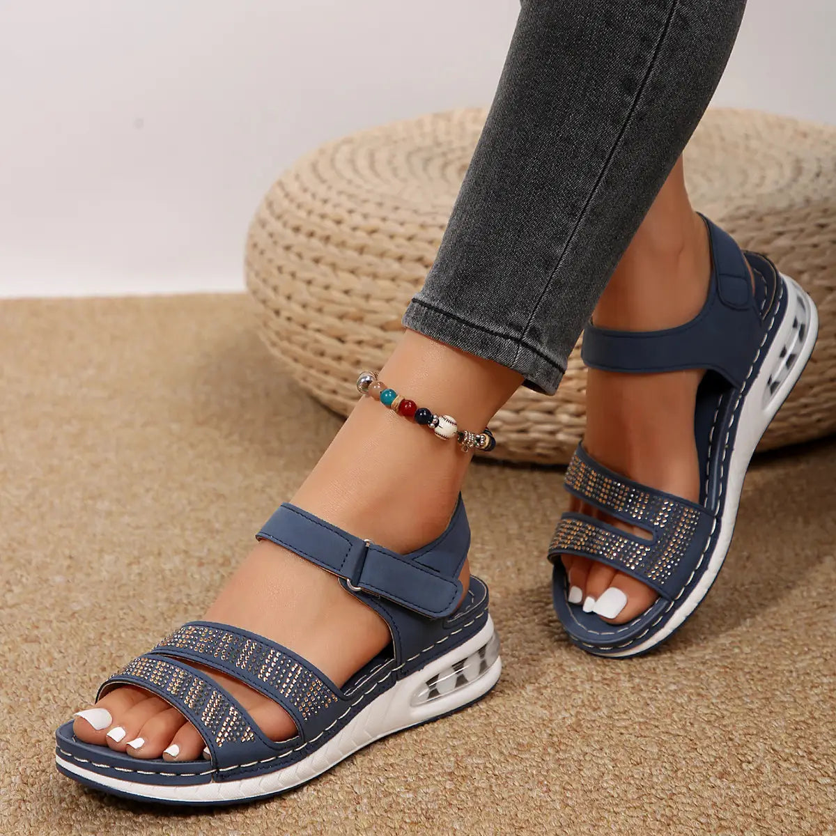 Beige women’s rhinestone strappy sandals with air cushion white cushioned wedge sole for comfortable wear