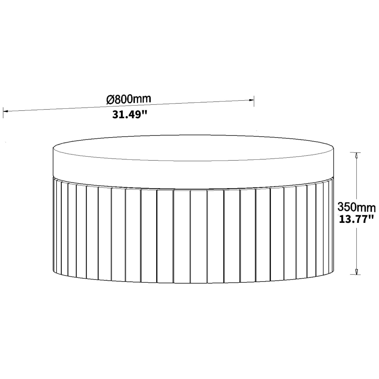 Table basse ronde noire avec rangement et base à lattes, représentée comme une piscine gonflable ronde avec des parois côtelées verticales et une surface supérieure plane.