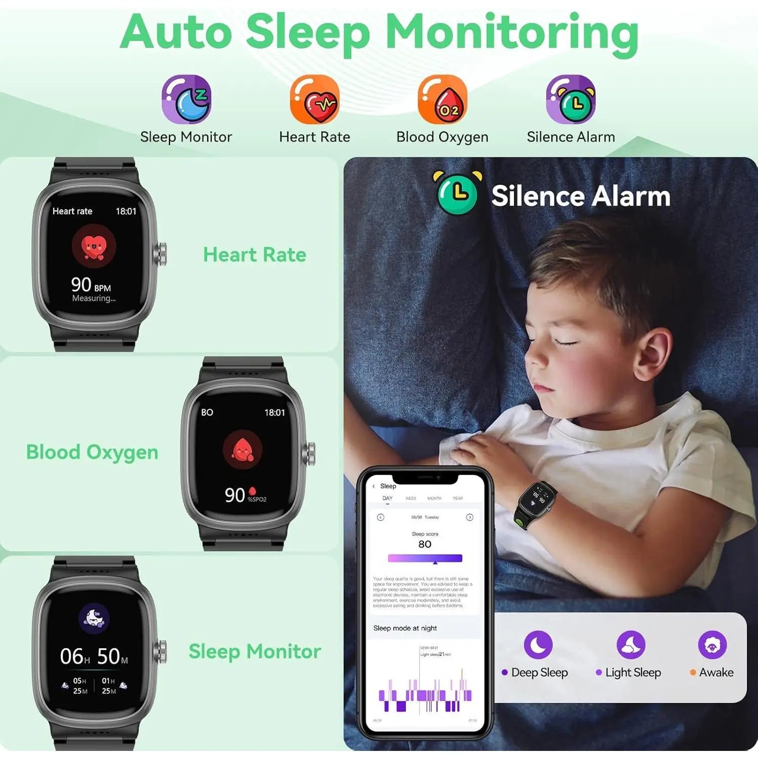 Black K1 kids waterproof smartwatch with rectangular screen displaying health metrics and a sleek minimalist design for fitness tracking.