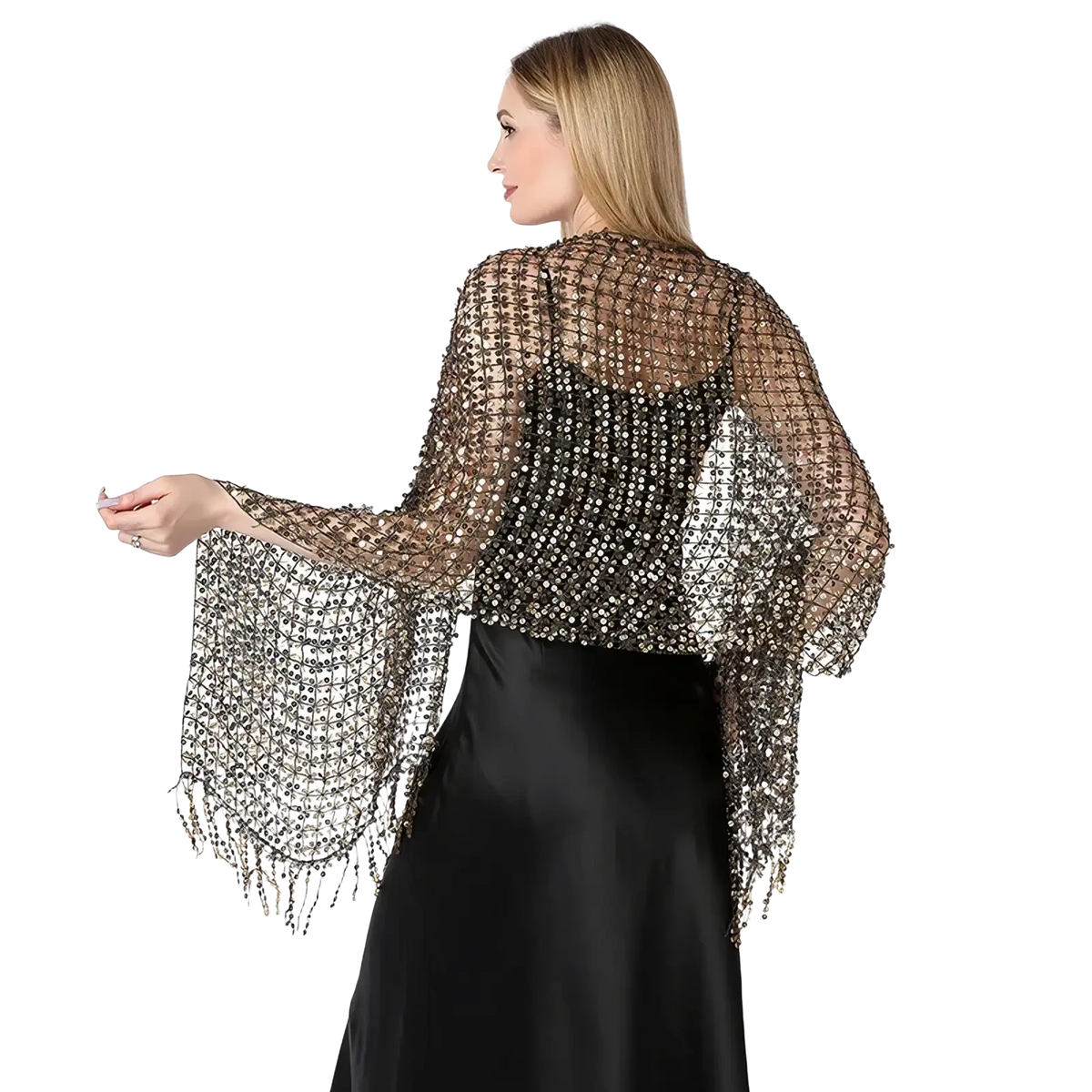 A shimmering black beaded 1920s sequin fringed evening shawl with delicate mesh design and dangling fringe